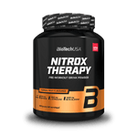 BioTechUSA Nitrox Therapy edzés előtti italpor, cukorral és édesítőszerrel, aminosavakkal, vitaminokkal és ásványi anyagokkal, napi adagban 200 mg koffeinnel.